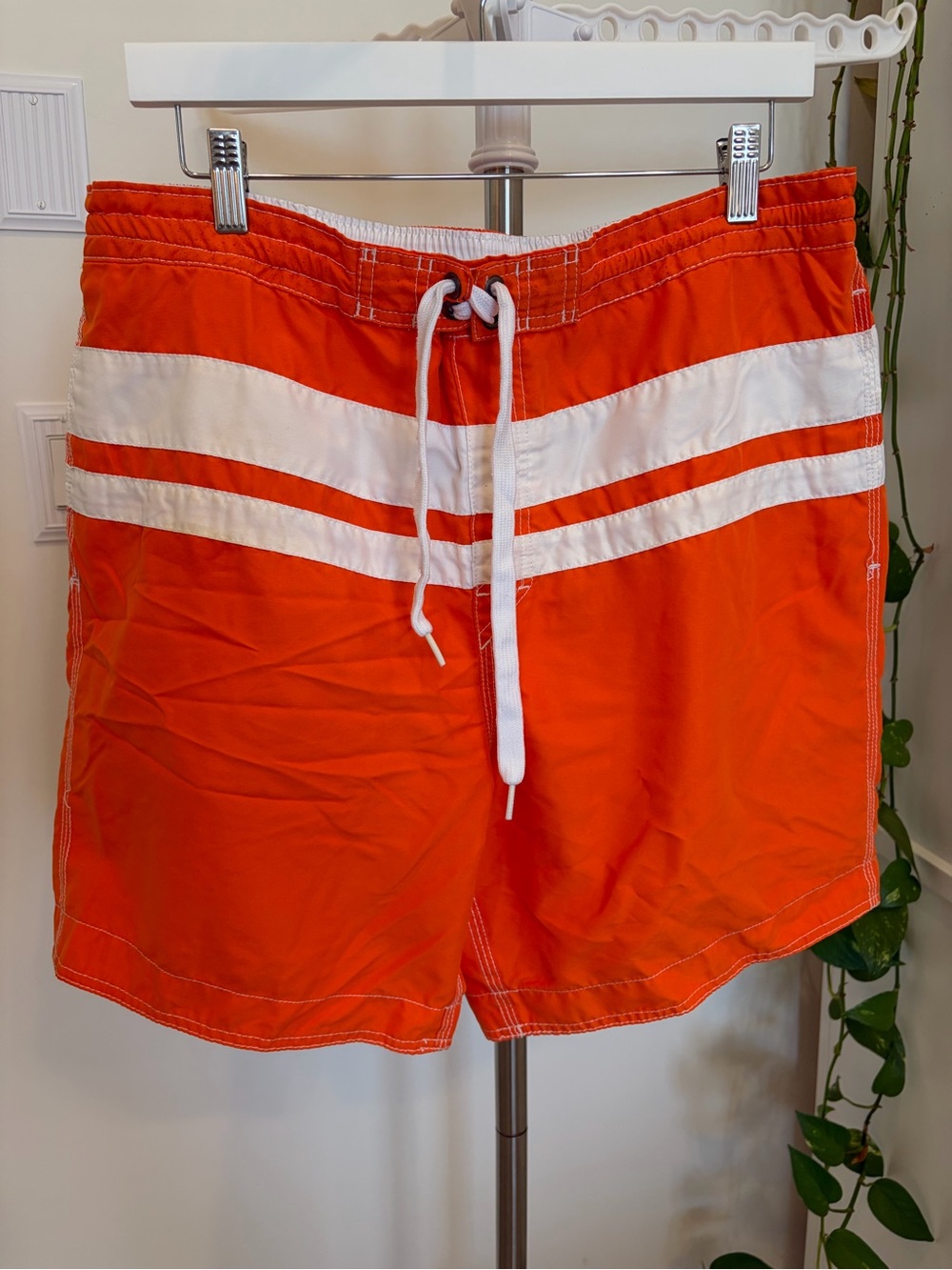 Men's Orange Swim Trunks with White Stripe Accent
